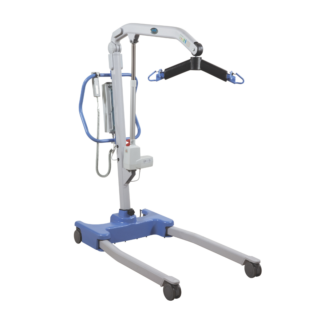The Joerns Hoyer Presence® Bariatric Electric Patient Lift features a blue and gray frame, four wheels, motorized lifting arm, Smart Monitor technology, and a black sling bar with two handles for safe patient transfers.